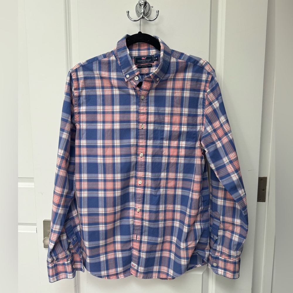 Vineyard Vines Blue and Pink Checkered Slim Fit Murray Shirt